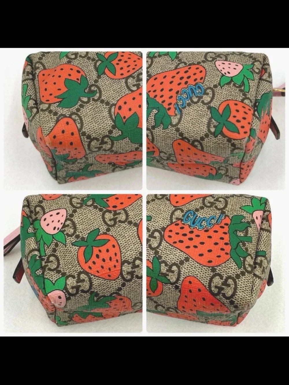 Gucci Brown GG Strawberry Print Cosmetic Pouch with Pink & Green Accents